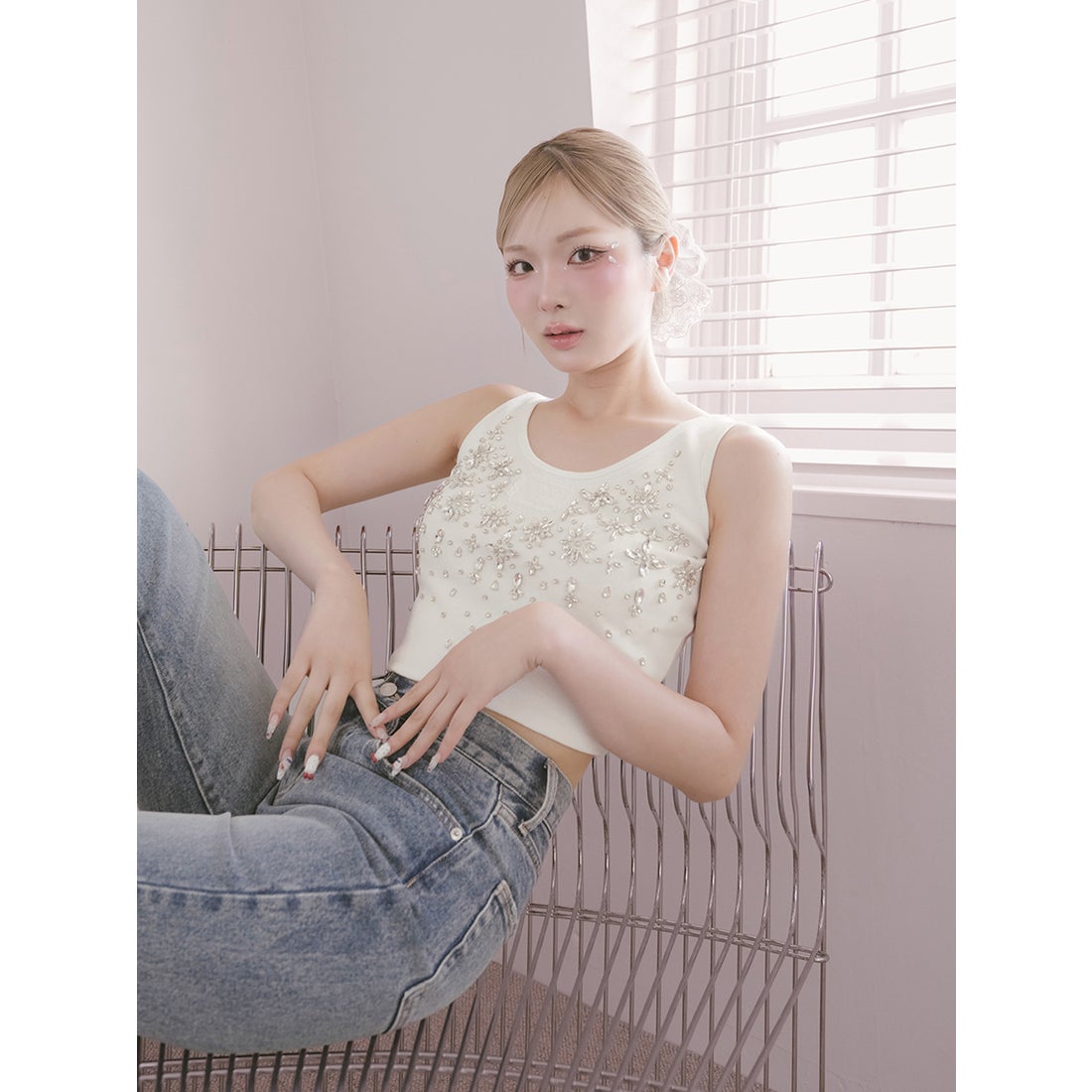 ダーリッチ Darich ジュエリーリブノースリトップス （ホワイト