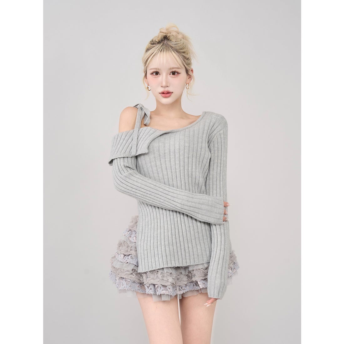 ダーリッチ Darich ランダムフリルニットセットアップ （グレー） -靴