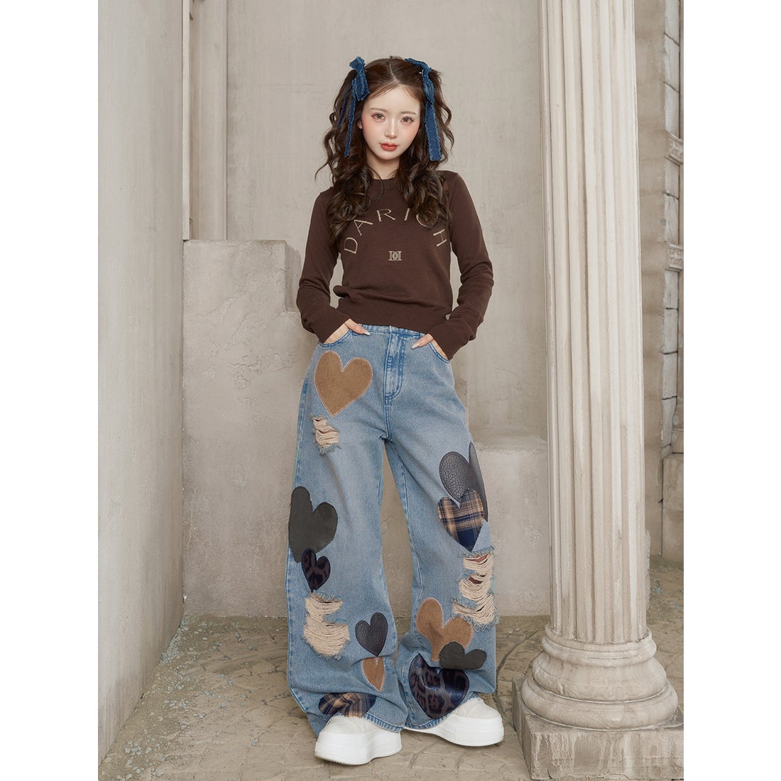 ダーリッチ Darich ランダムハートパッチワークデニムパンツ （ブルー