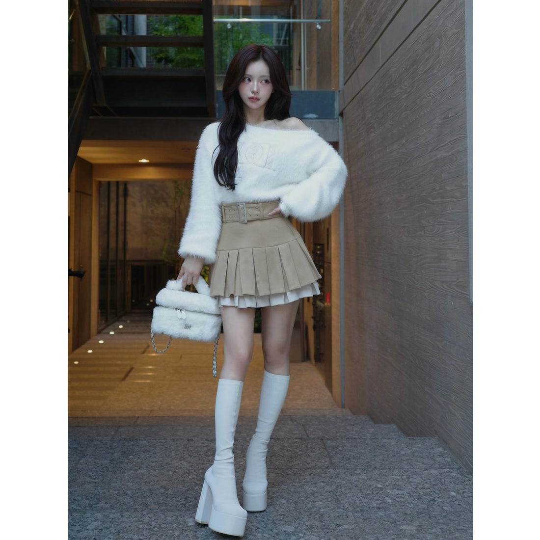 ダーリッチ Darich ダブルプリーツミニスカート （ベージュ