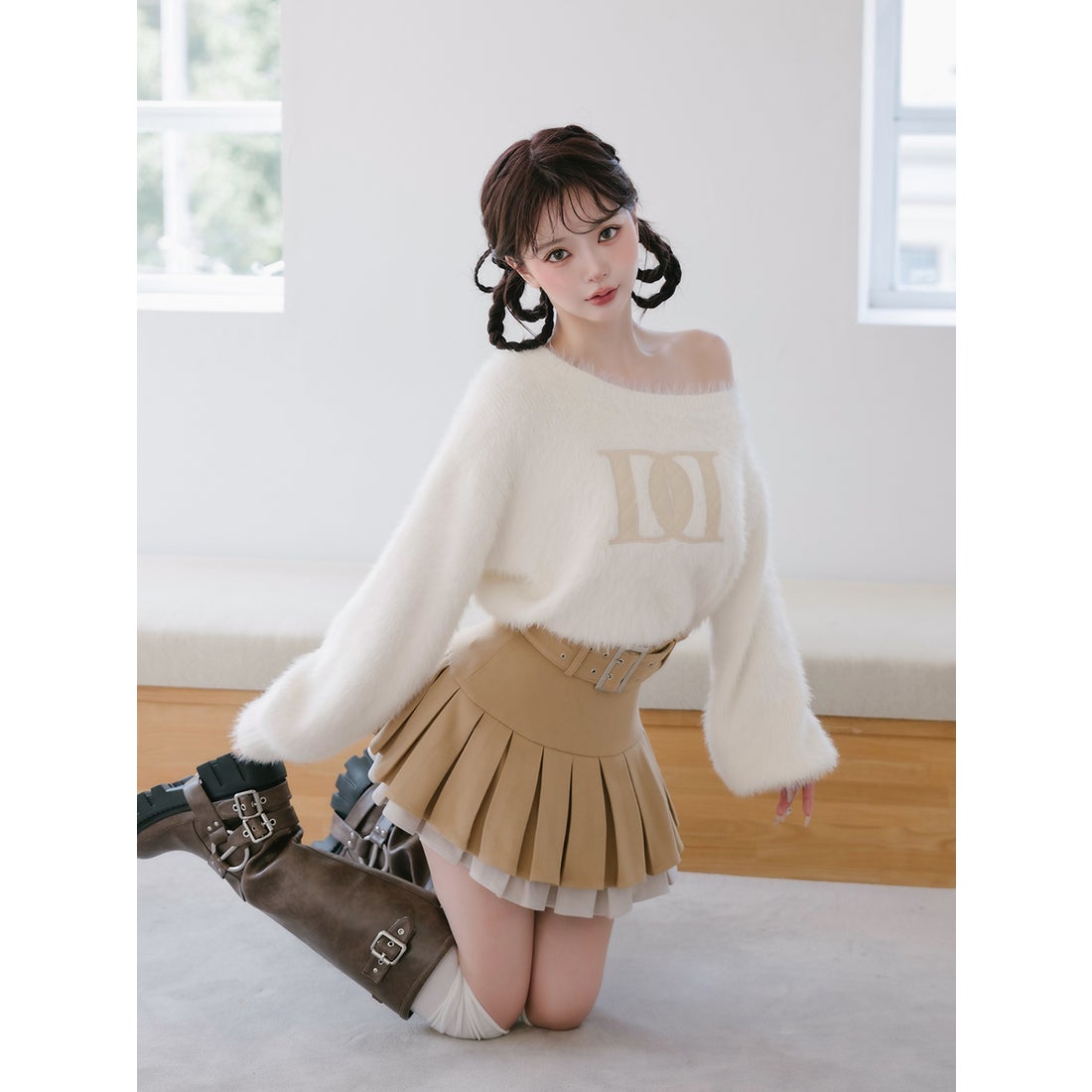 ダーリッチ Darich ダブルプリーツミニスカート （ベージュ