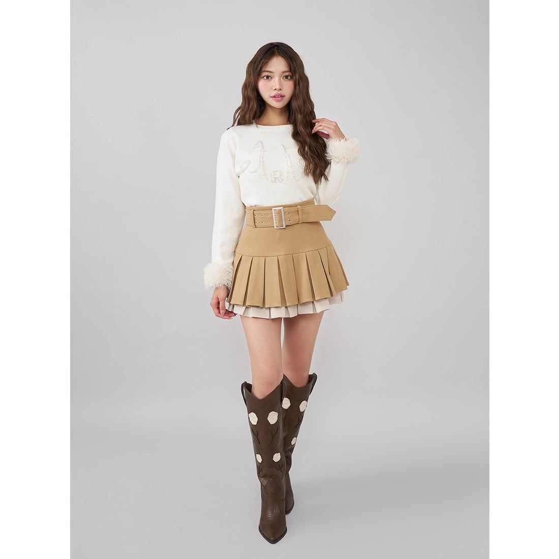 ダーリッチ Darich ダブルプリーツミニスカート （ベージュ