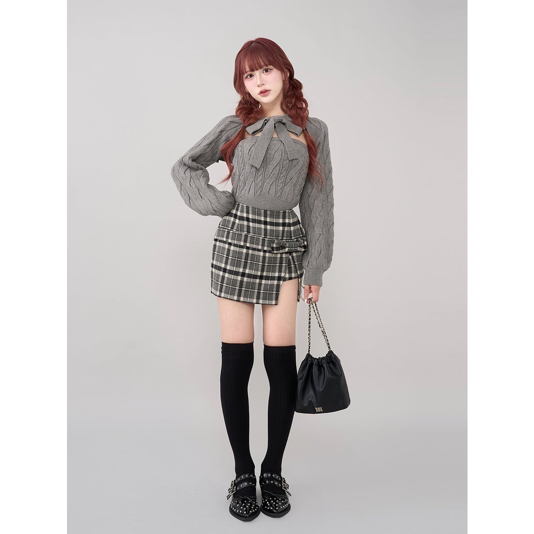 ダーリッチ Darich スリットチェックリボンミニスカート （グレー