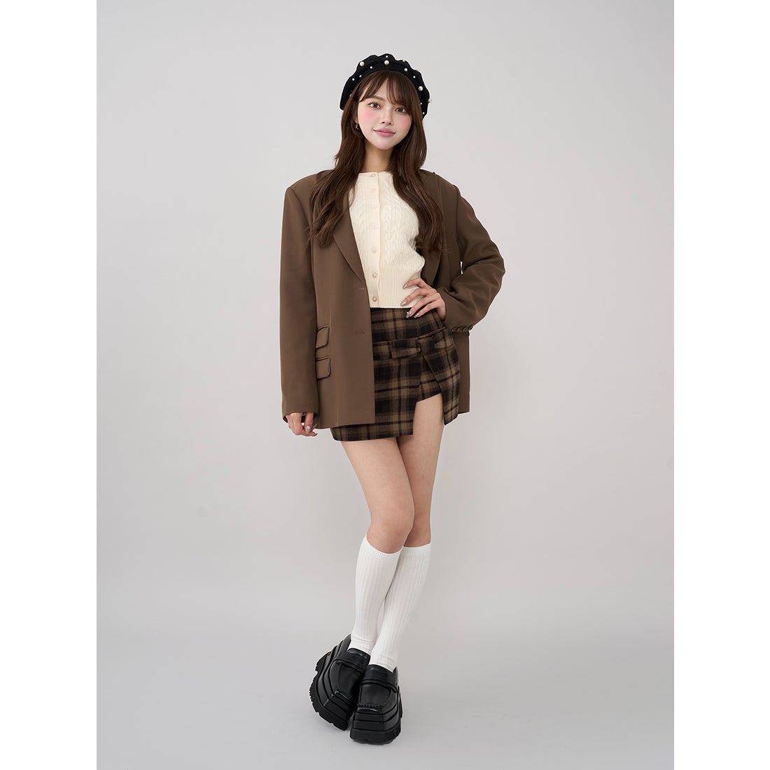 ダーリッチ Darich スリットチェックリボンミニスカート （ブラウン