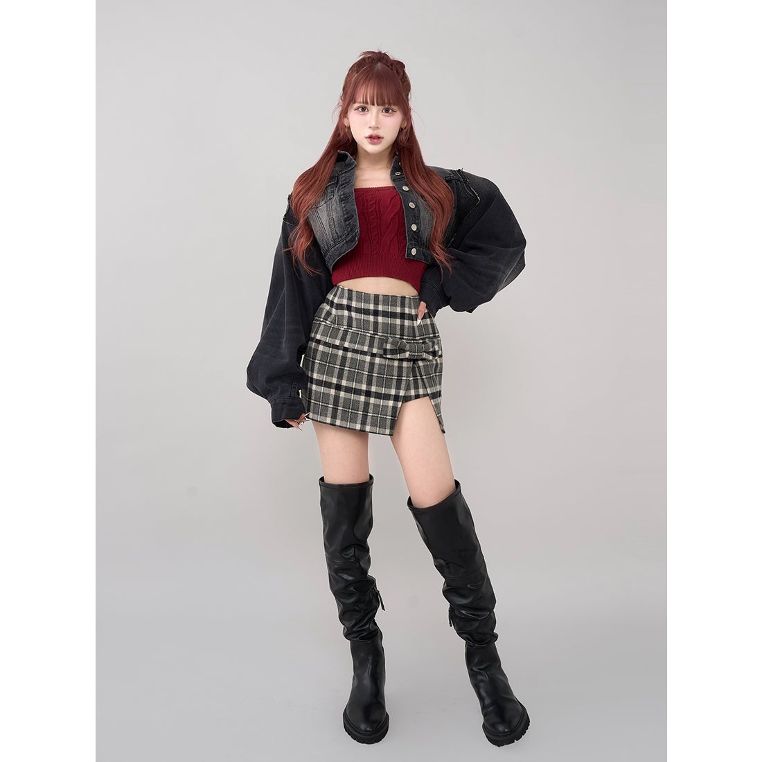 ダーリッチ Darich スリットチェックリボンミニスカート （ブラウン