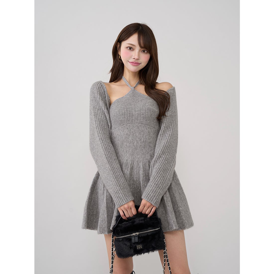 ダーリッチ Darich ホルターフレアニットミニワンピース （グレー