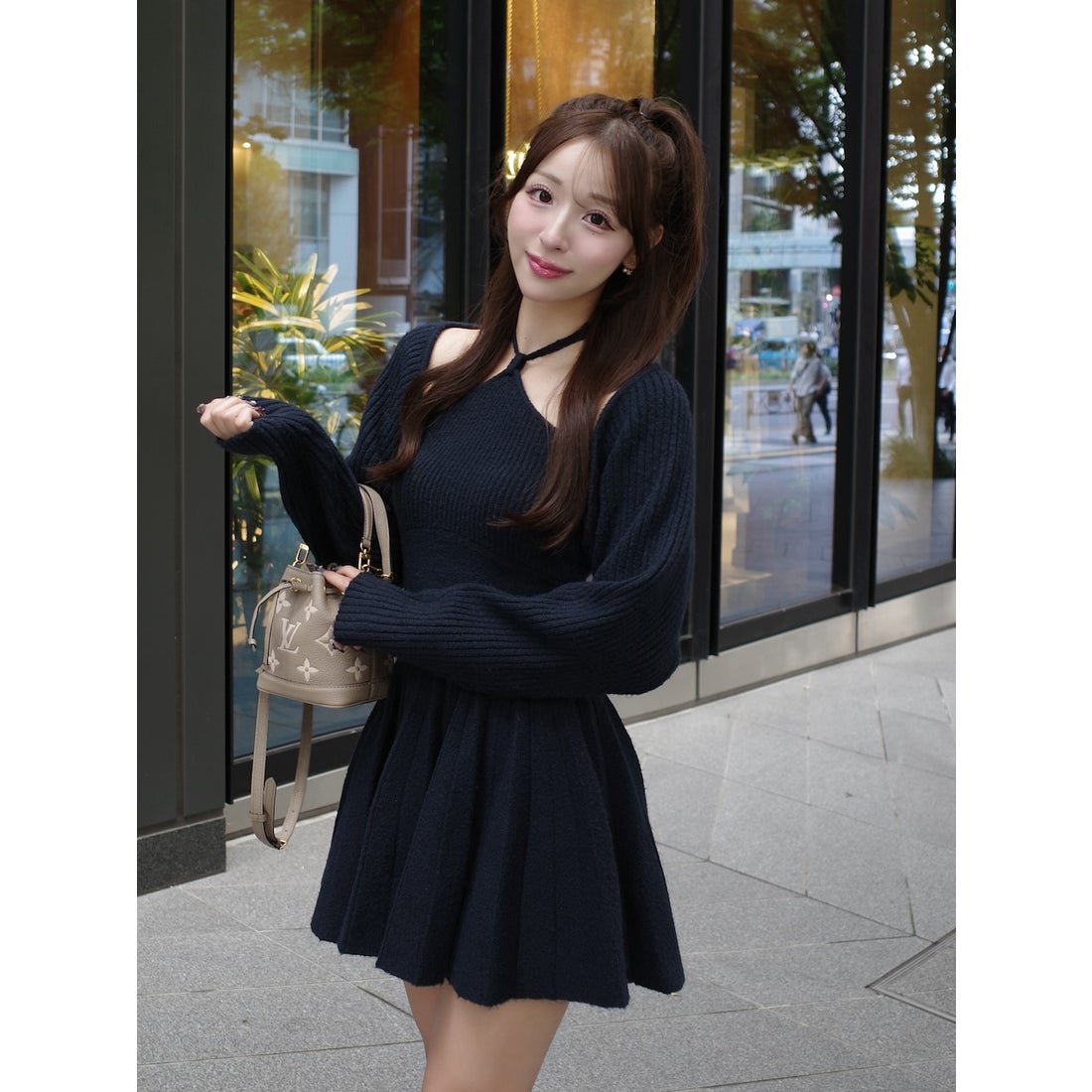 ダーリッチ Darich ホルターフレアニットミニワンピース （グレー