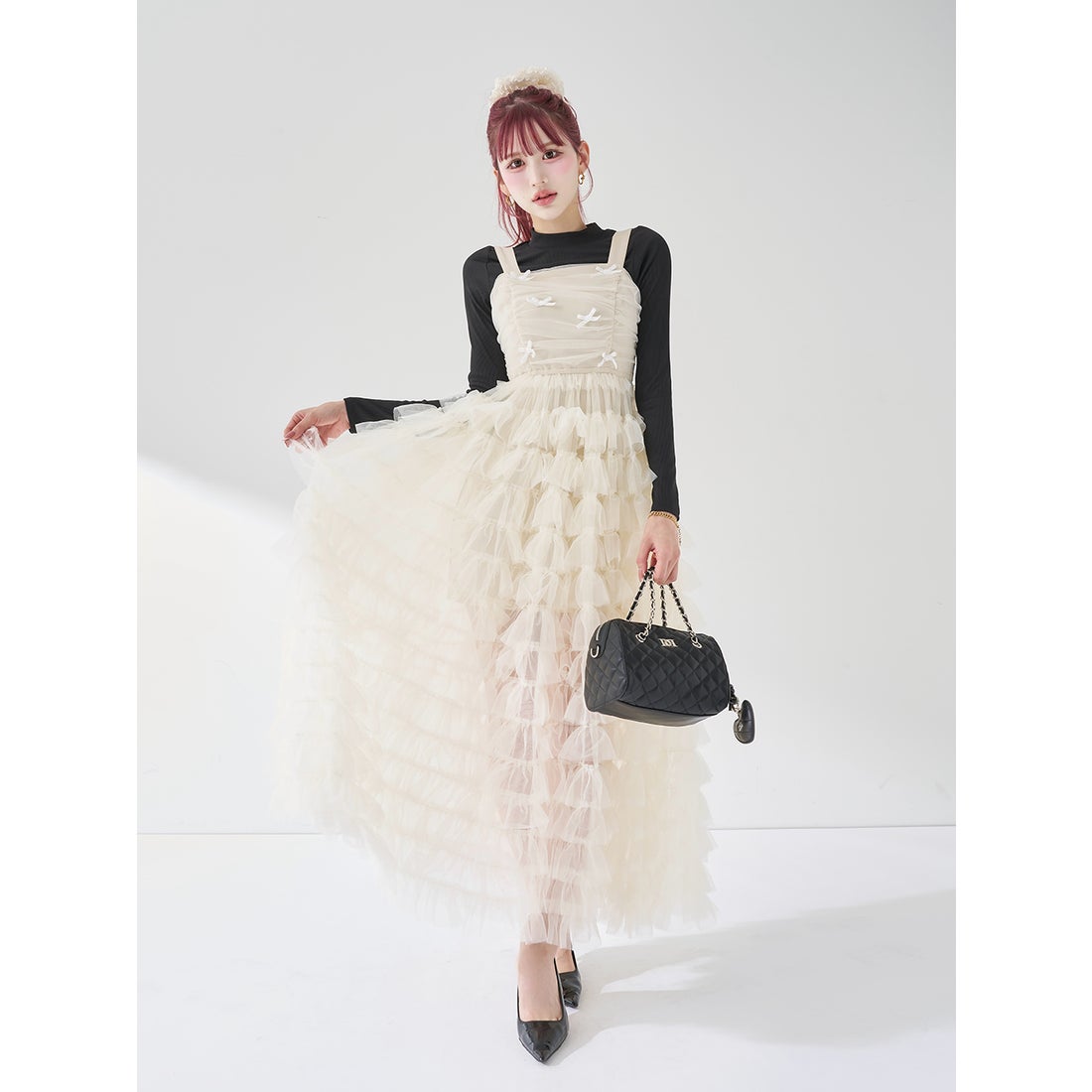 ダーリッチ Darich ベロアリボンチュールワンピース （ホワイト