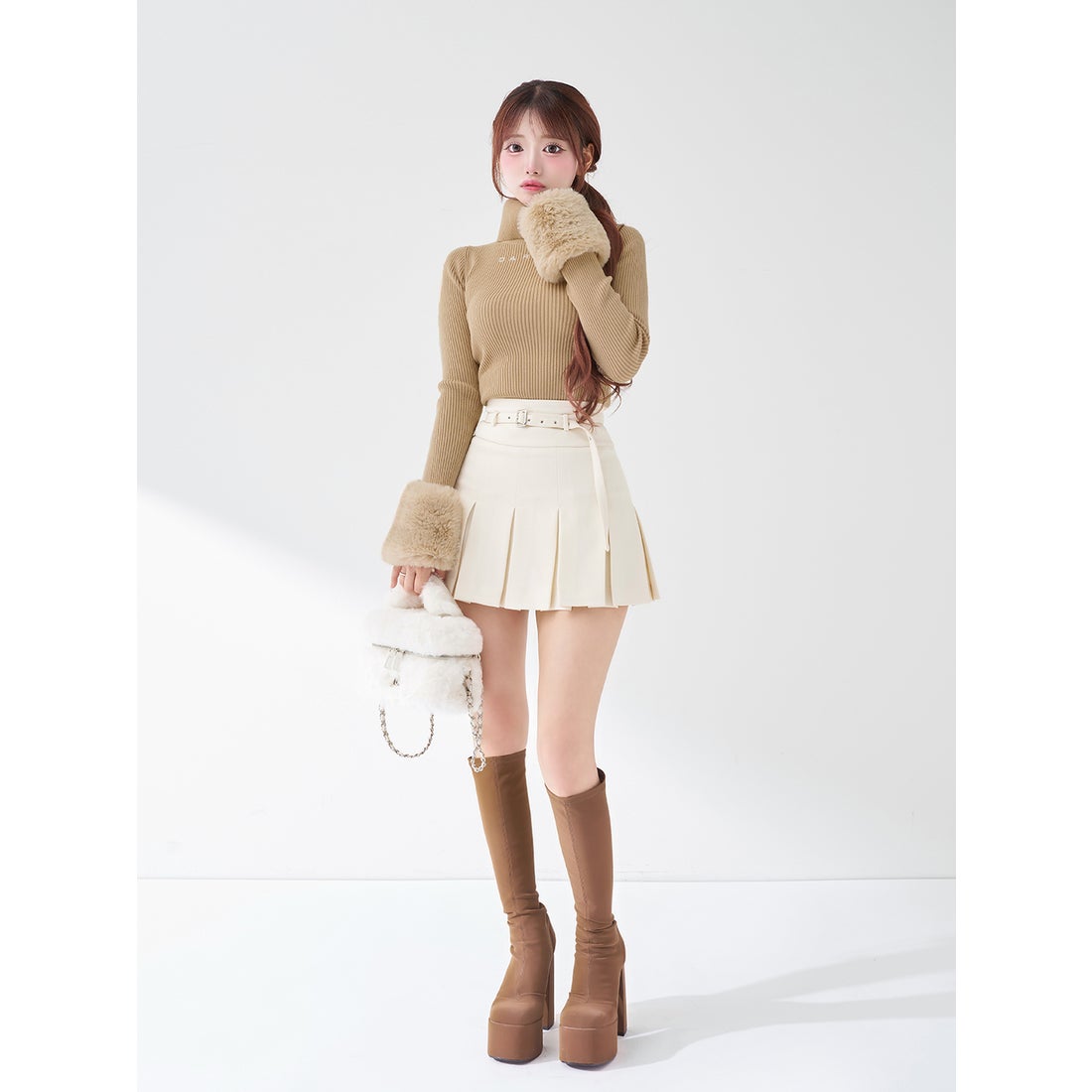 ダーリッチ Darich スムースファーリブニットトップス （ベージュ