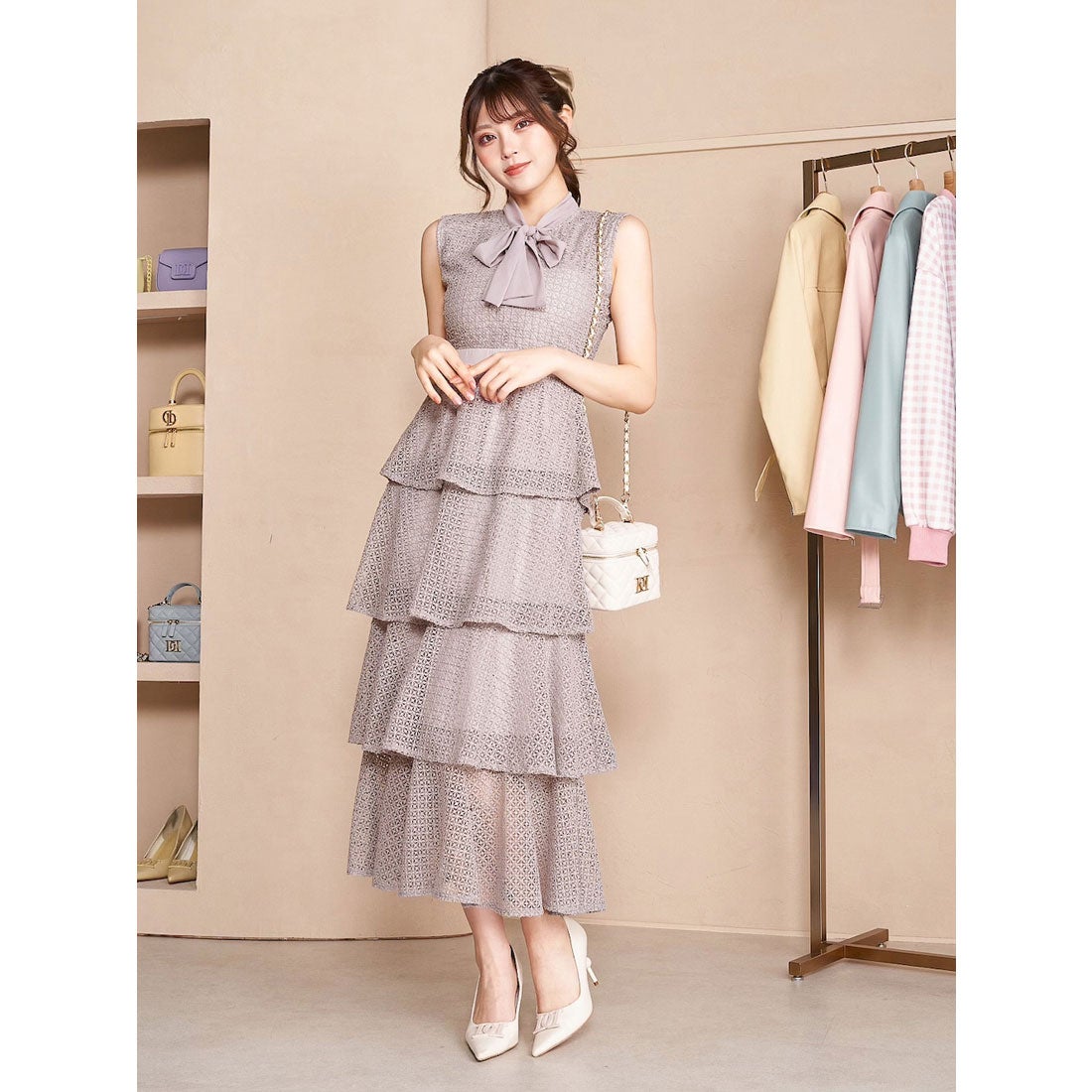 ダーリッチ Darich レーシーティアードロングドレス （グレー