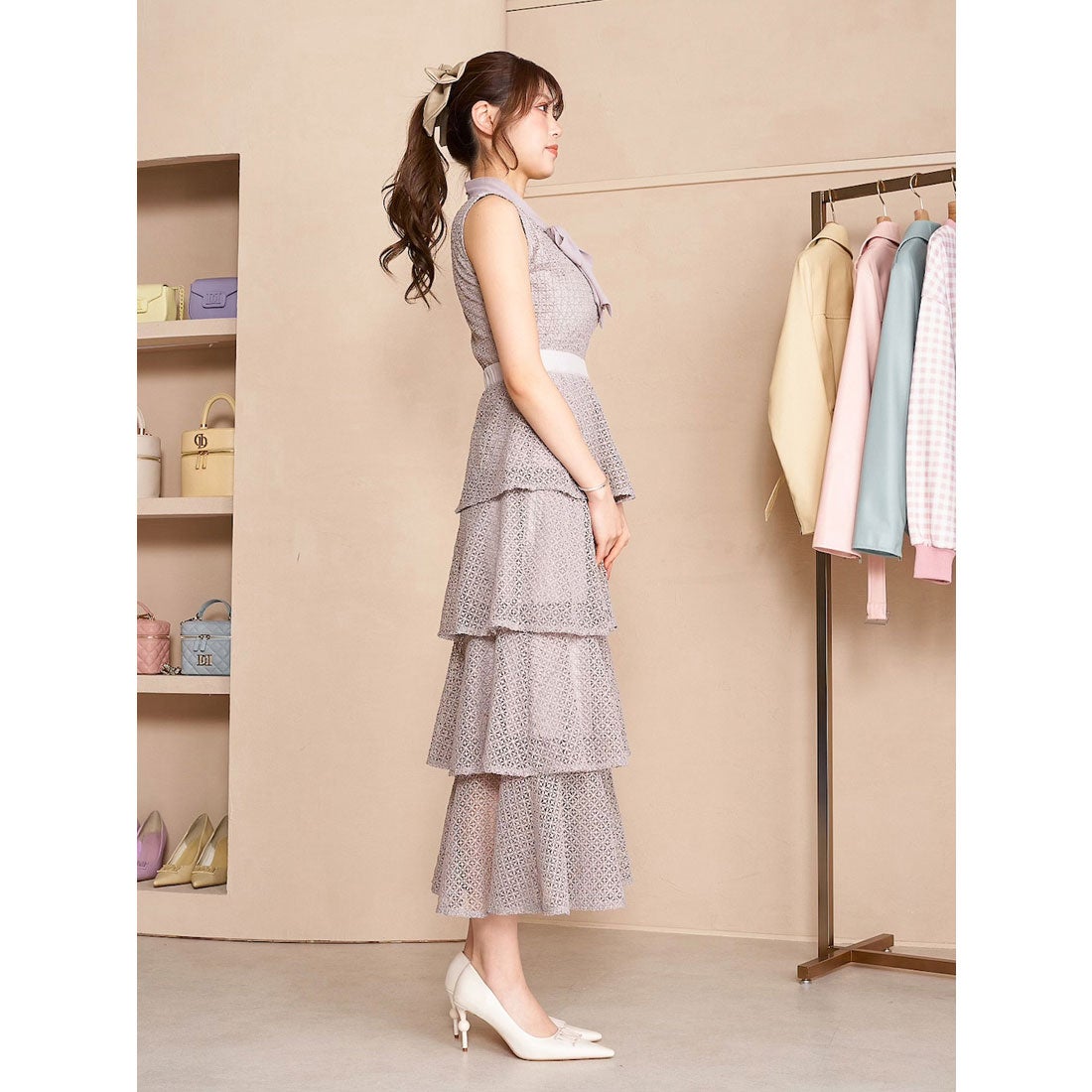 ダーリッチ Darich レーシーティアードロングドレス （グレー
