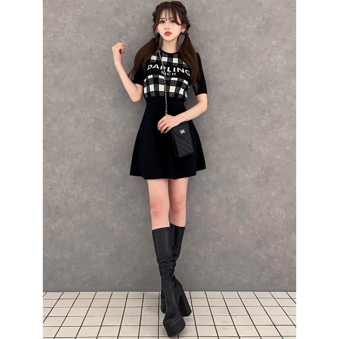 ダーリッチ Darich ギンガムチェックニットミニワンピース （ブラック