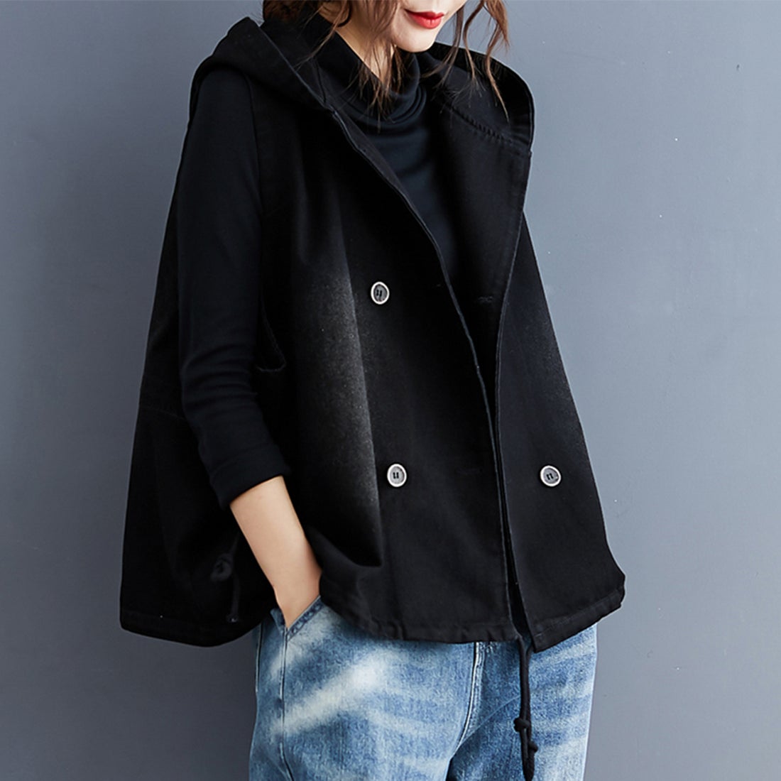 ドゥー ベル Doux Belle フード付きダブルボタンベスト レディース