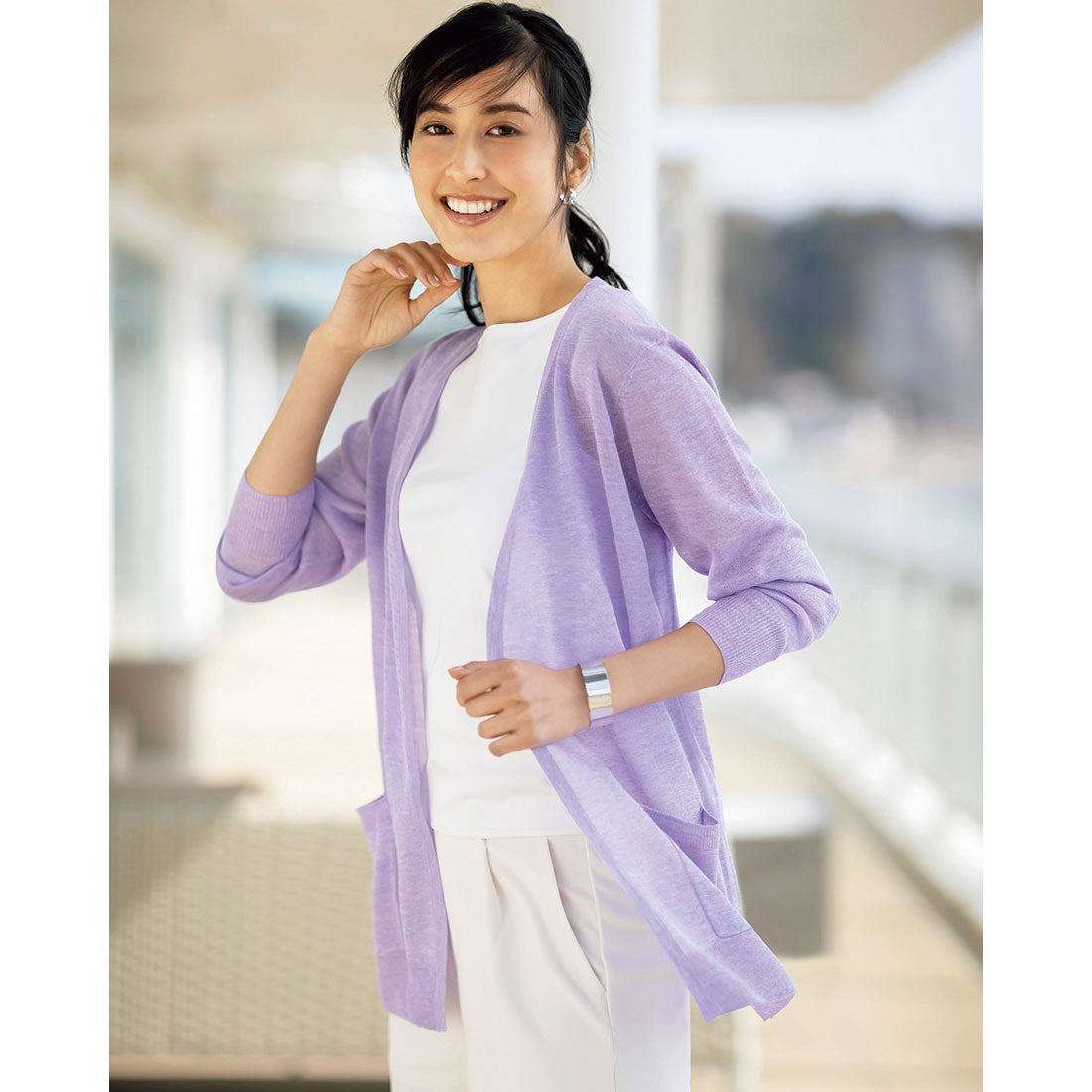 パープルリブ編みカーディガン 7分袖 cecioucelaリブ編みパープル7分袖