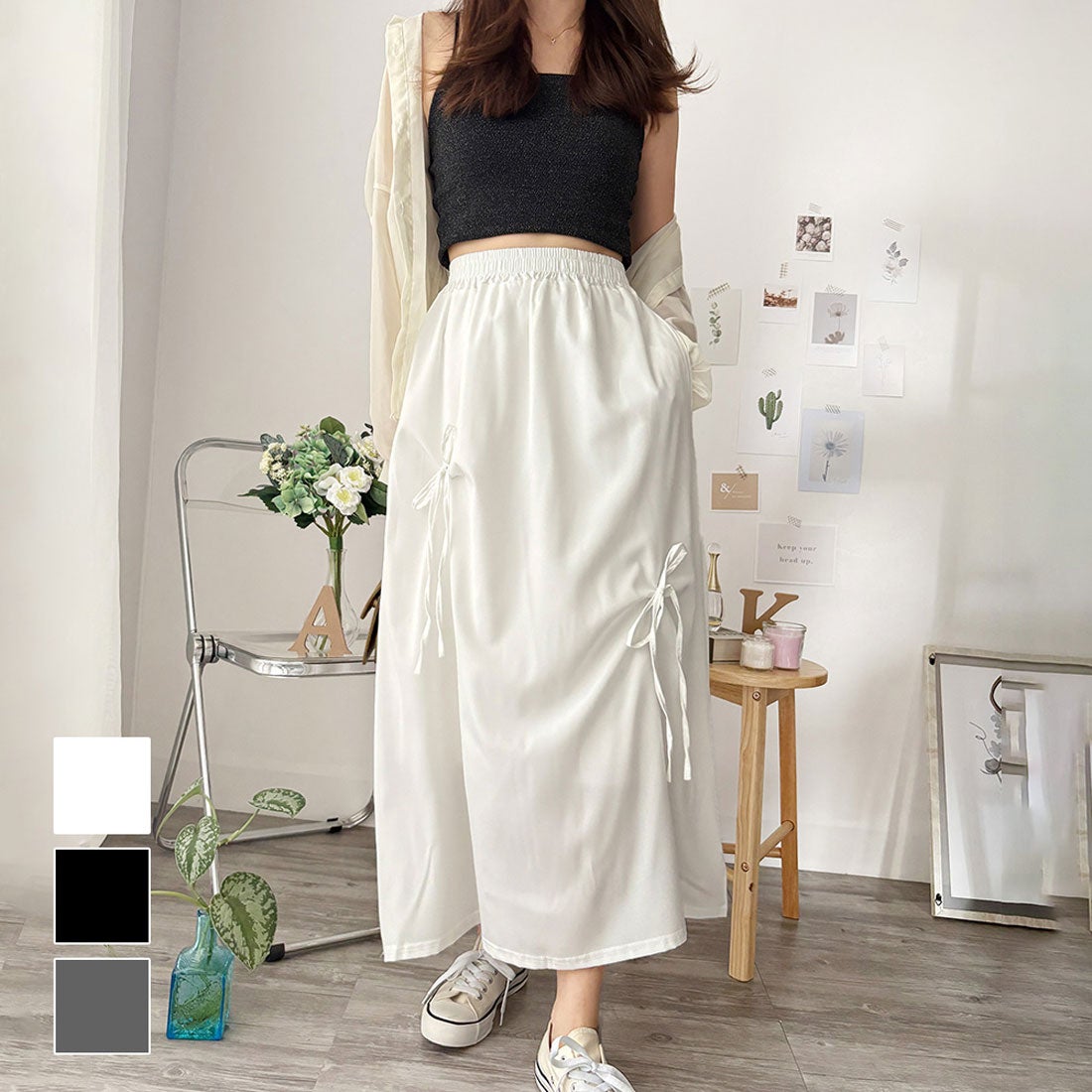 デューリリー Dewlily リボン付きロングスカート レディース 無地