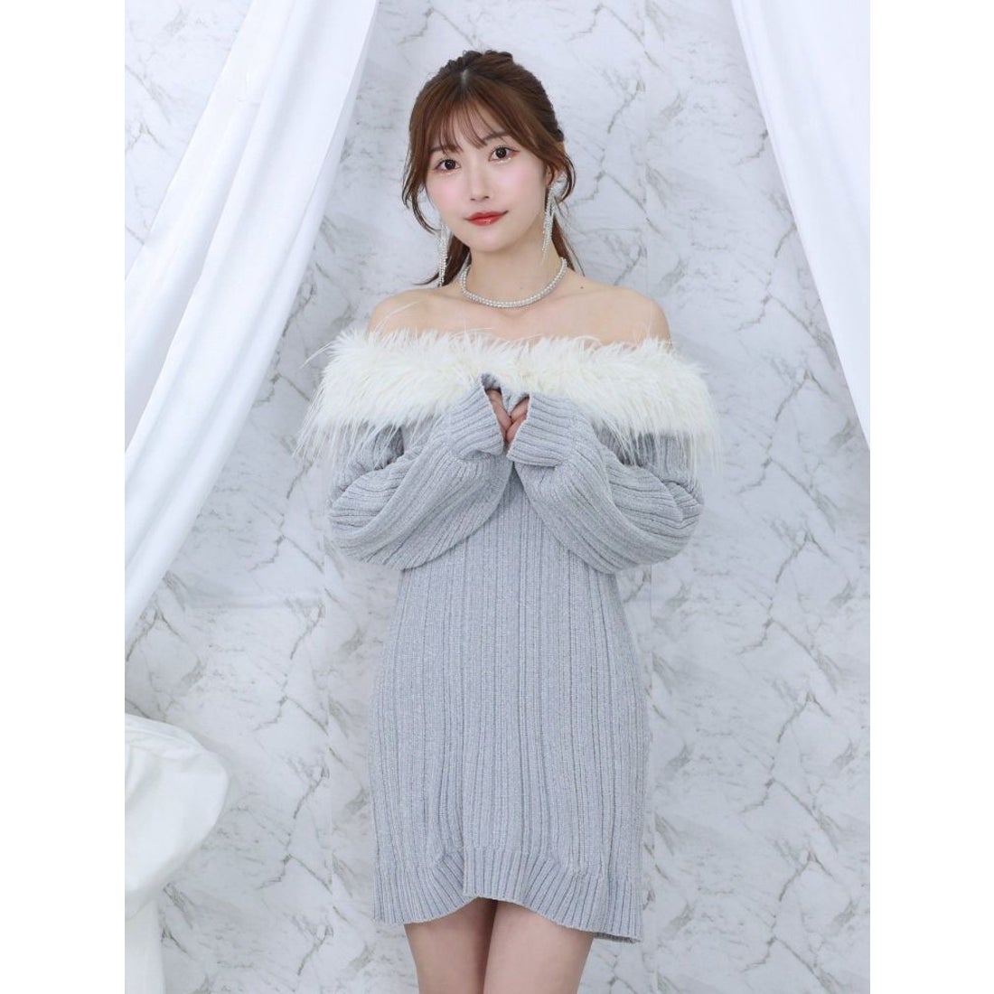 イートミー EATME フェイクファーオフショルダーニットワンピ （ピンク