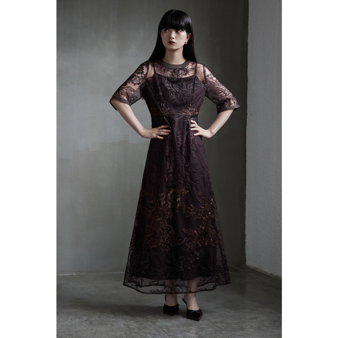 エトル etoll. グラデーション刺繍レースフレアドレス （ブラウン