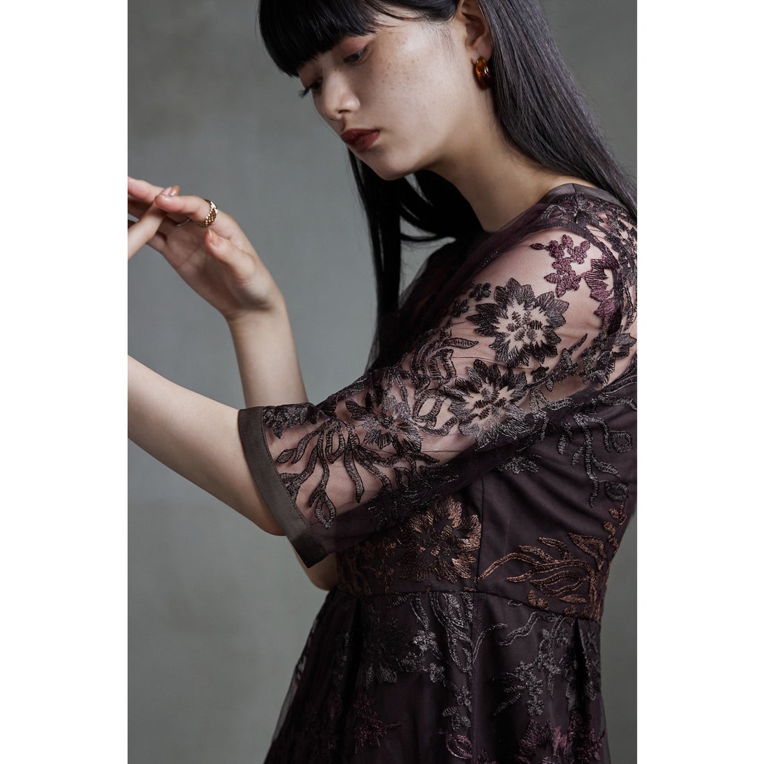 エトル etoll. グラデーション刺繍レースフレアドレス （ブラウン