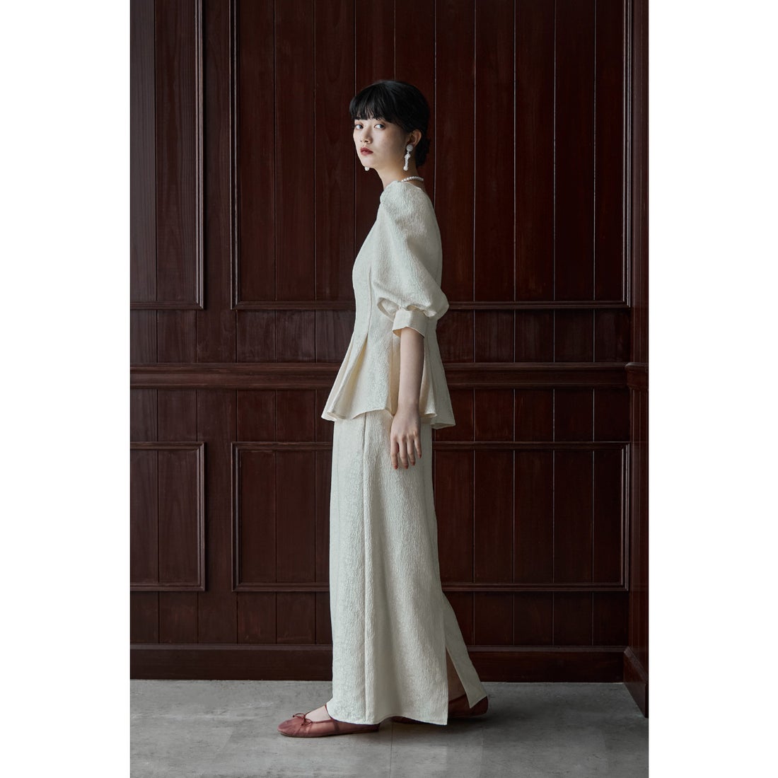 エトル etoll. フラワージャガードセットアップドレスペプラムブラウス