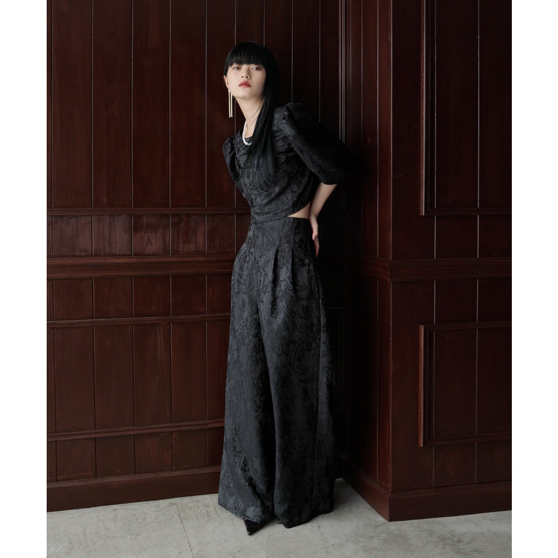 エトル etoll. ジャガードクロップブラウス＆タックワイドパンツ