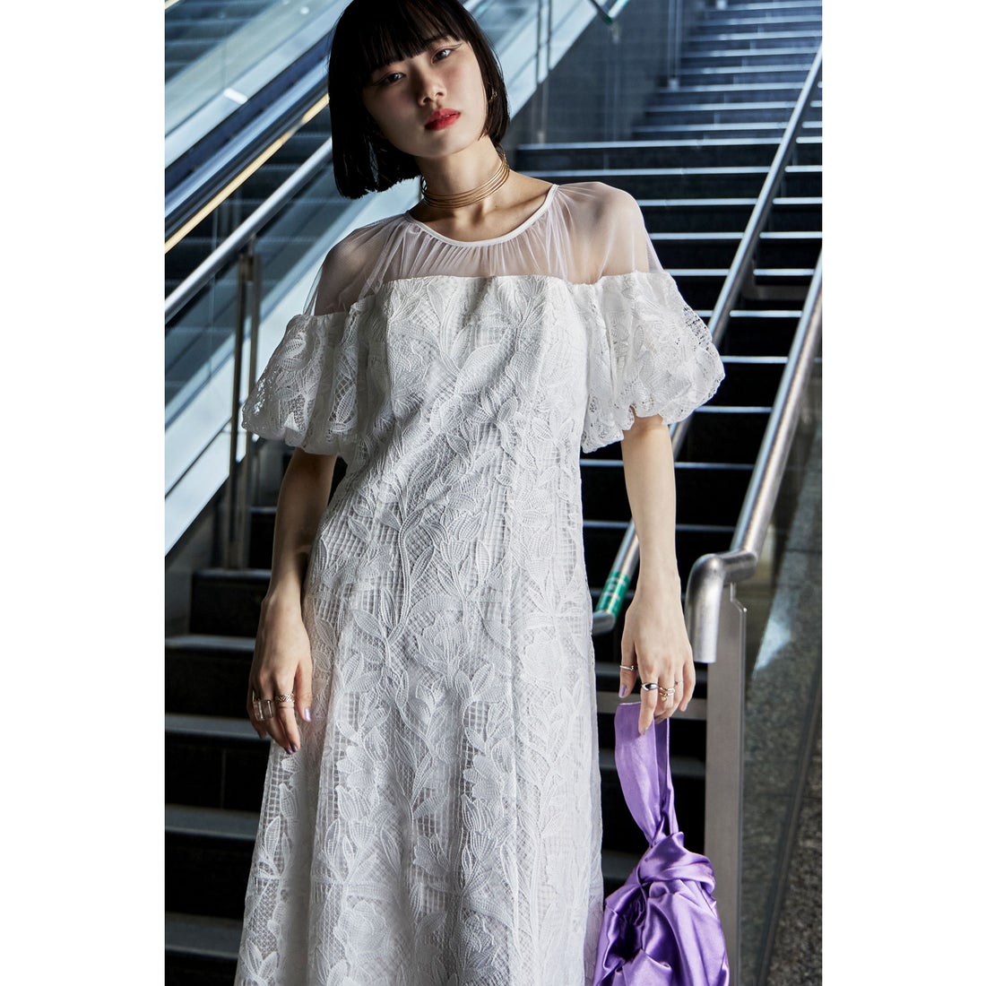 エトル etoll. パフオフショルダーレースドレス （オフホワイト
