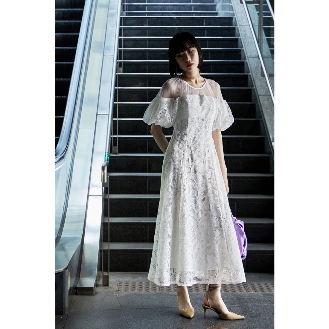 エトル etoll. パフオフショルダーレースドレス （オフホワイト