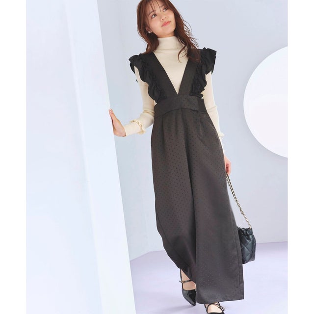Feroux 【洗える】フリルショルダードット サロペット （ブラック系1
