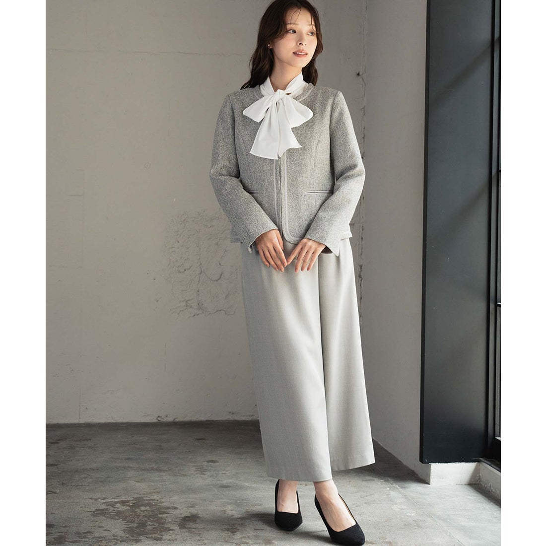 フロリア Flolia ノーカラー ツイードジャケット 巻きスカート風