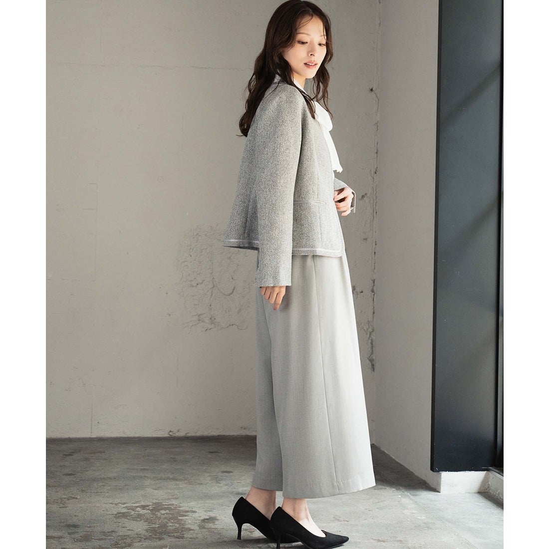 フロリア Flolia ノーカラー ツイードジャケット 巻きスカート風