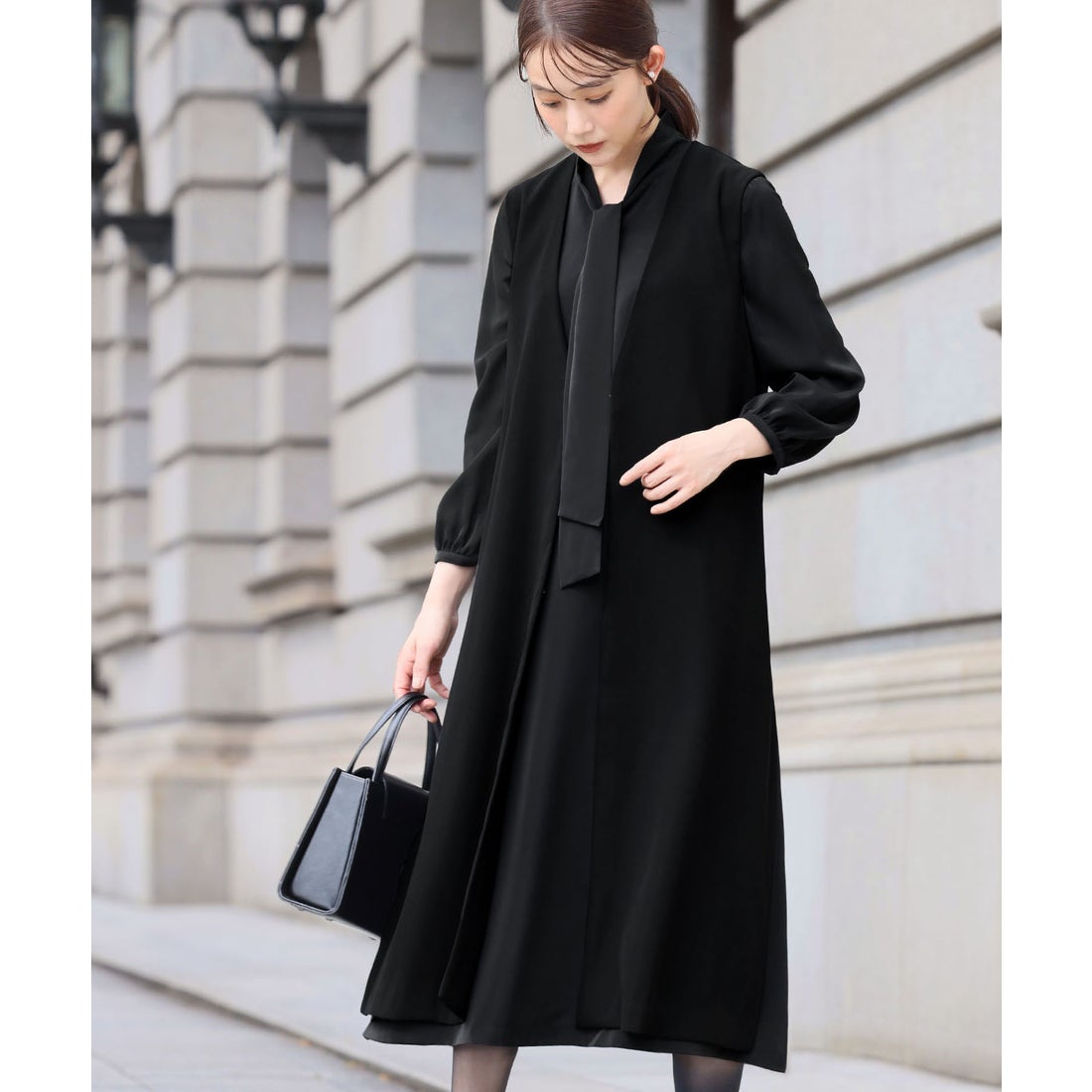 フロリア Flolia 【喪服・礼服】ロングジレ ボウタイフレアワンピース