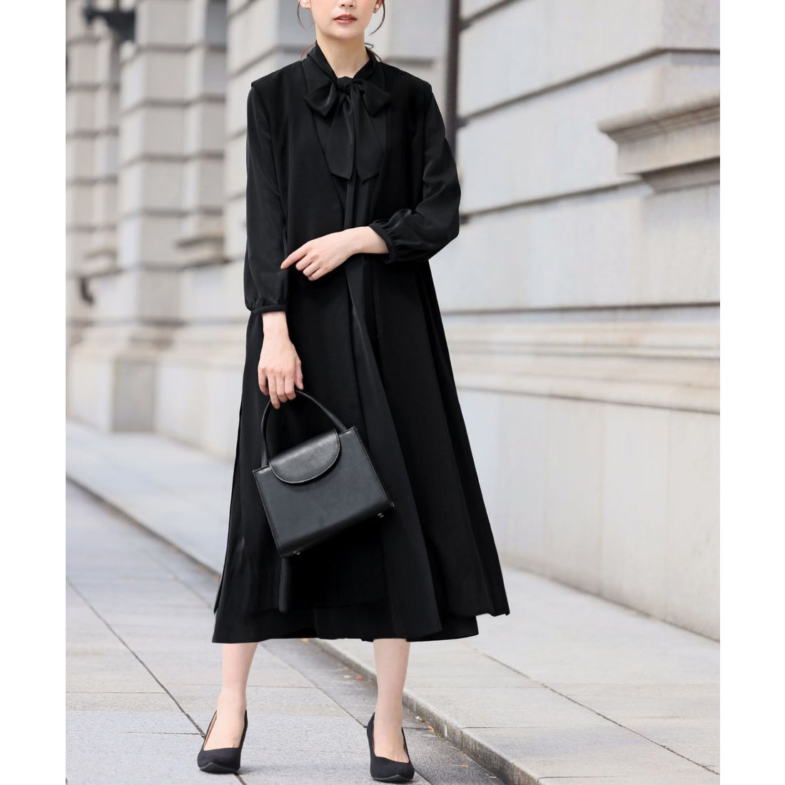 フロリア Flolia 【喪服・礼服】ロングジレ ボウタイフレアワンピース