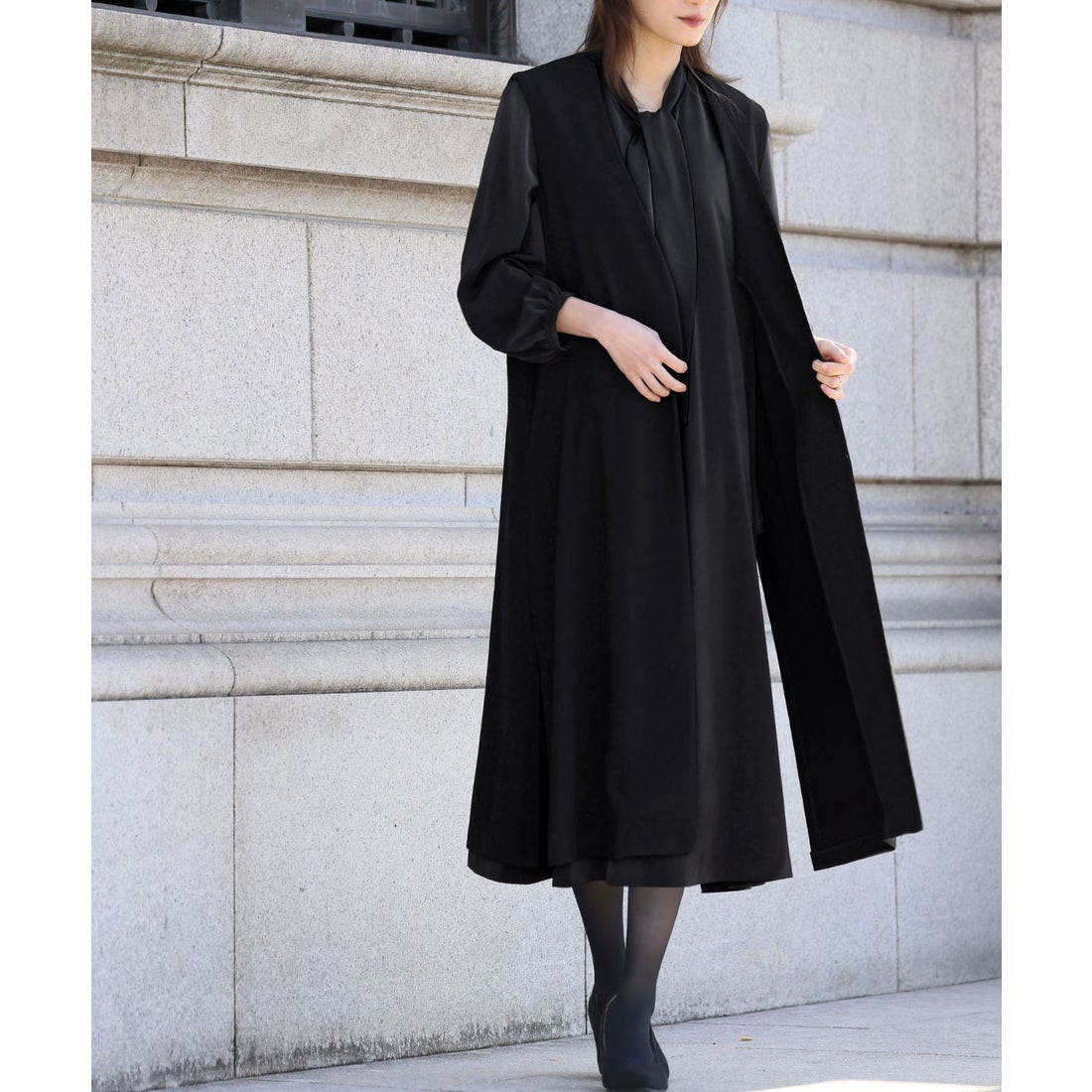 フロリア Flolia 【喪服・礼服】ロングジレ ボウタイフレアワンピース