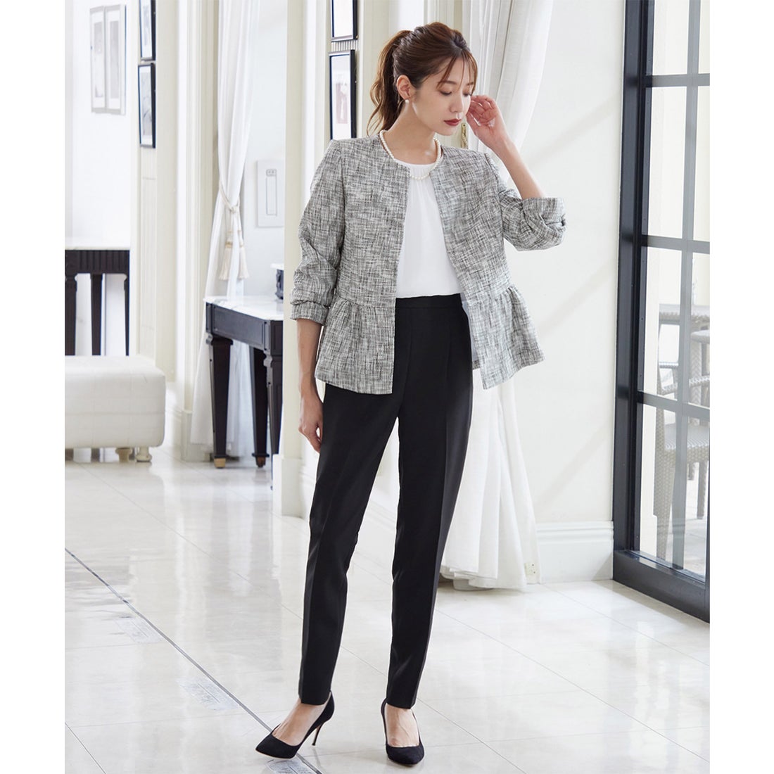 フロリア Flolia 【3点セット】ツイードノーカラージャケット ブラウス