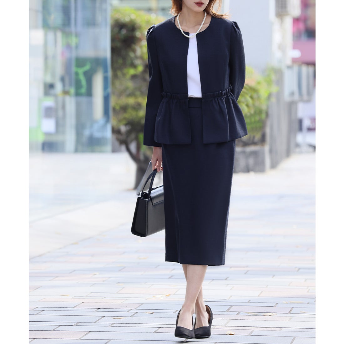 フロリア Flolia ツイードペプラムノーカラージャケット タイト