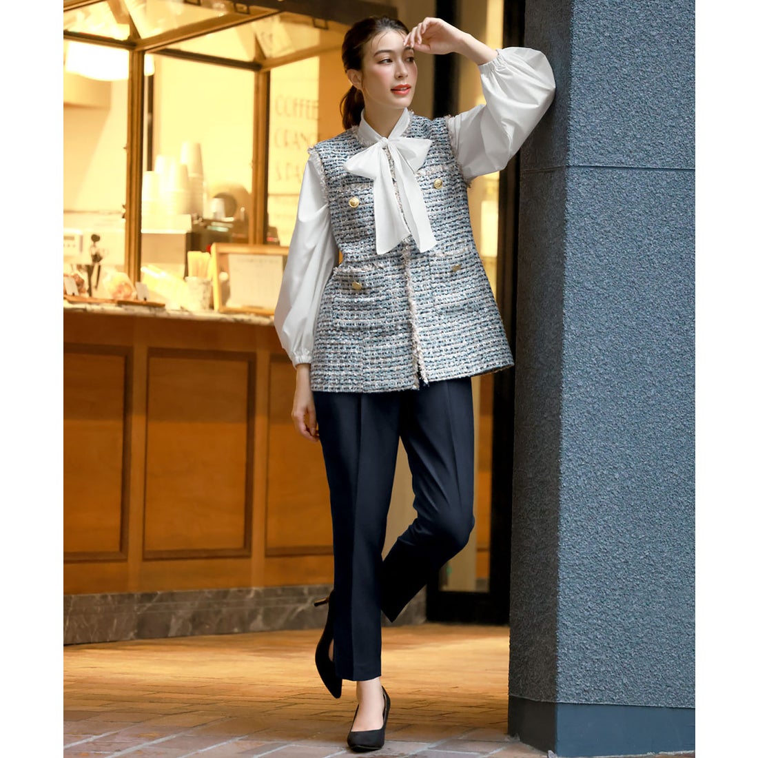 フロリア Flolia 【3点セット】ツイードベスト ボウタイブラウス