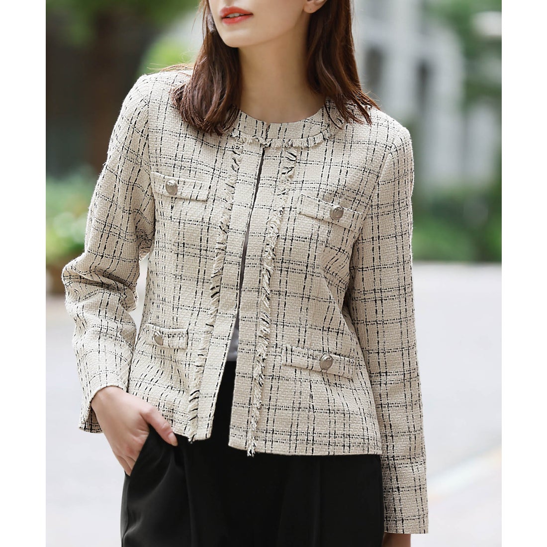 フロリア Flolia チェック柄ツイードノーカラージャケット テーパード
