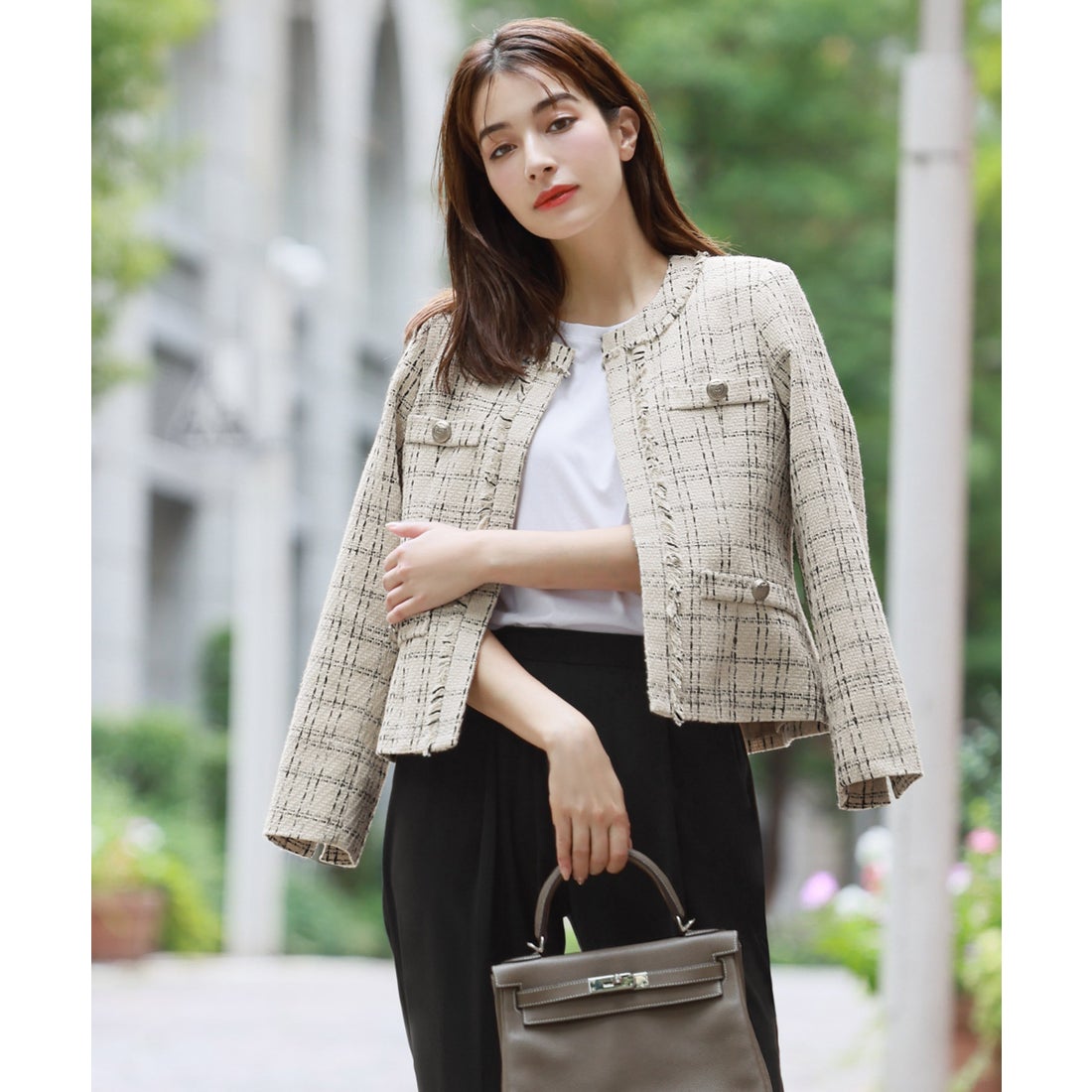 フロリア Flolia チェック柄ツイードノーカラージャケット テーパード