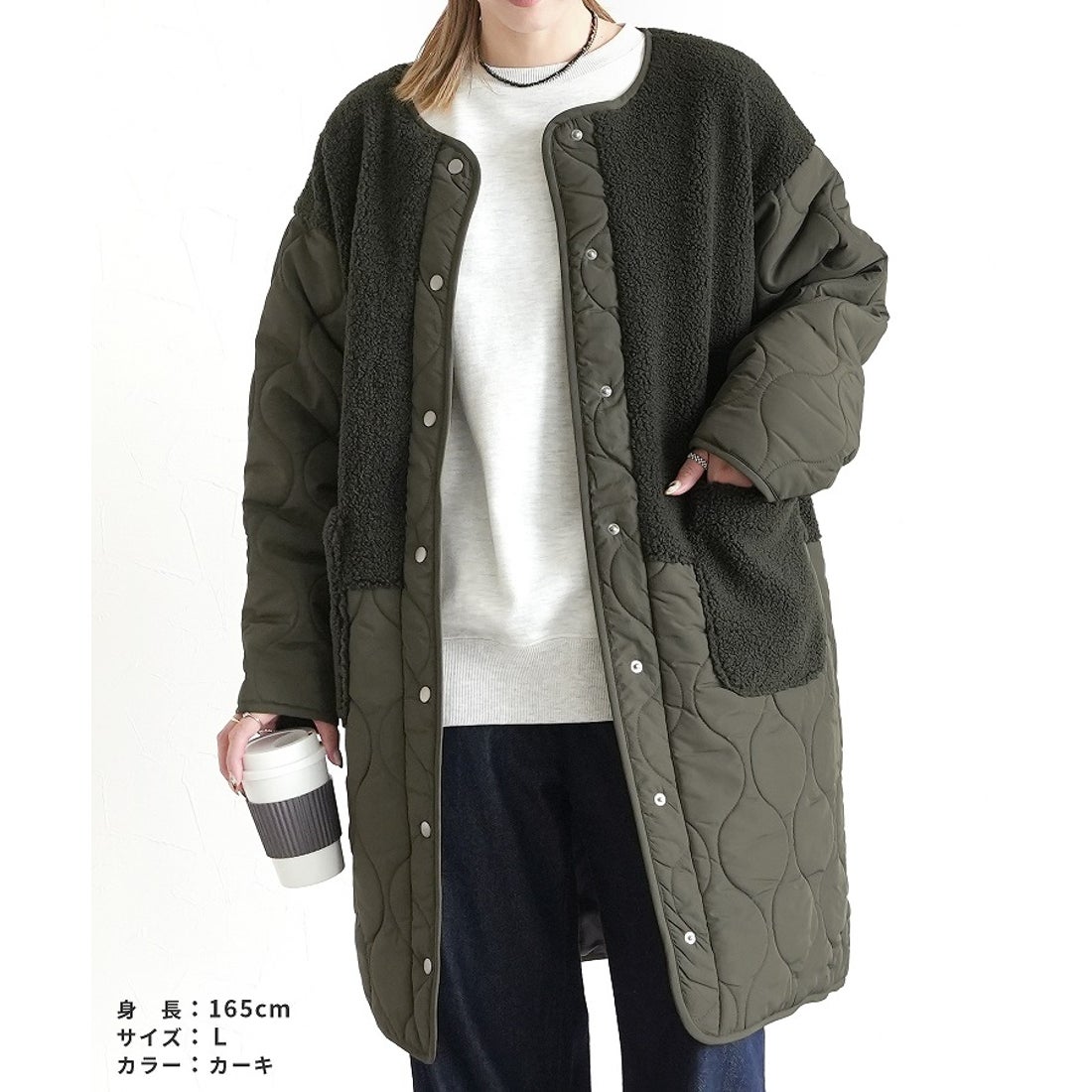 レカ reca ノーカラーボア×ひょうたんキルトコート(y9961) （カーキ