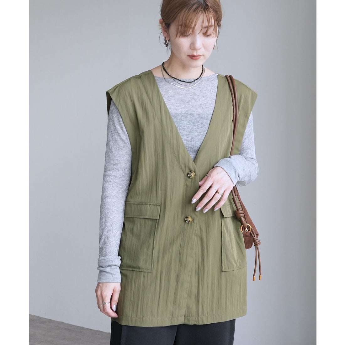 レカ reca ヴィンテージVネックロングベスト（on5615010） （カーキ
