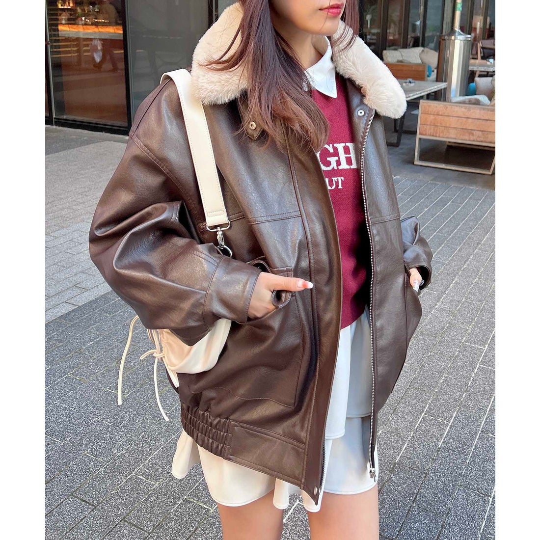 イング INGNI ファーティペット付フェイクレザーブルゾン （ブラウン