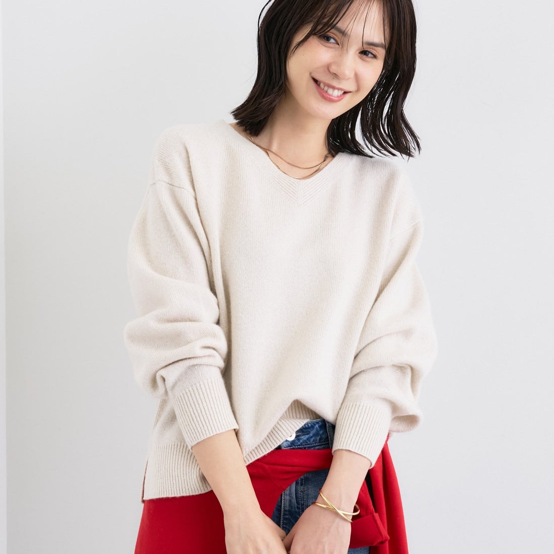 インディヴィ INDIVI 【洗える／カシミヤ混】ミドルゲージVネック