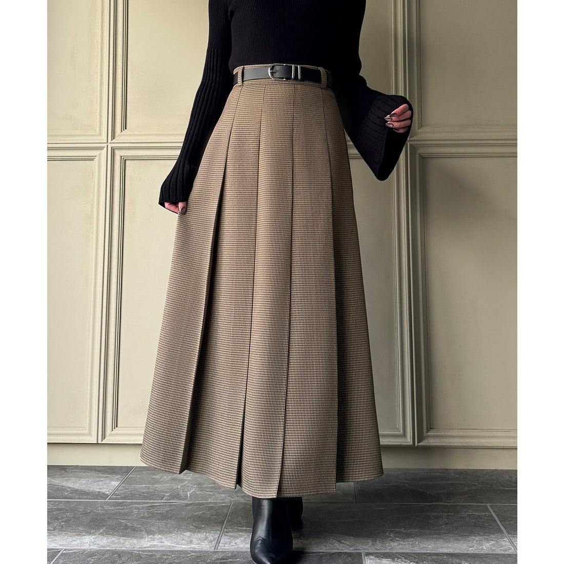 ジュノア JUNOAH 千鳥チェックロングプリーツスカート （ブラウン