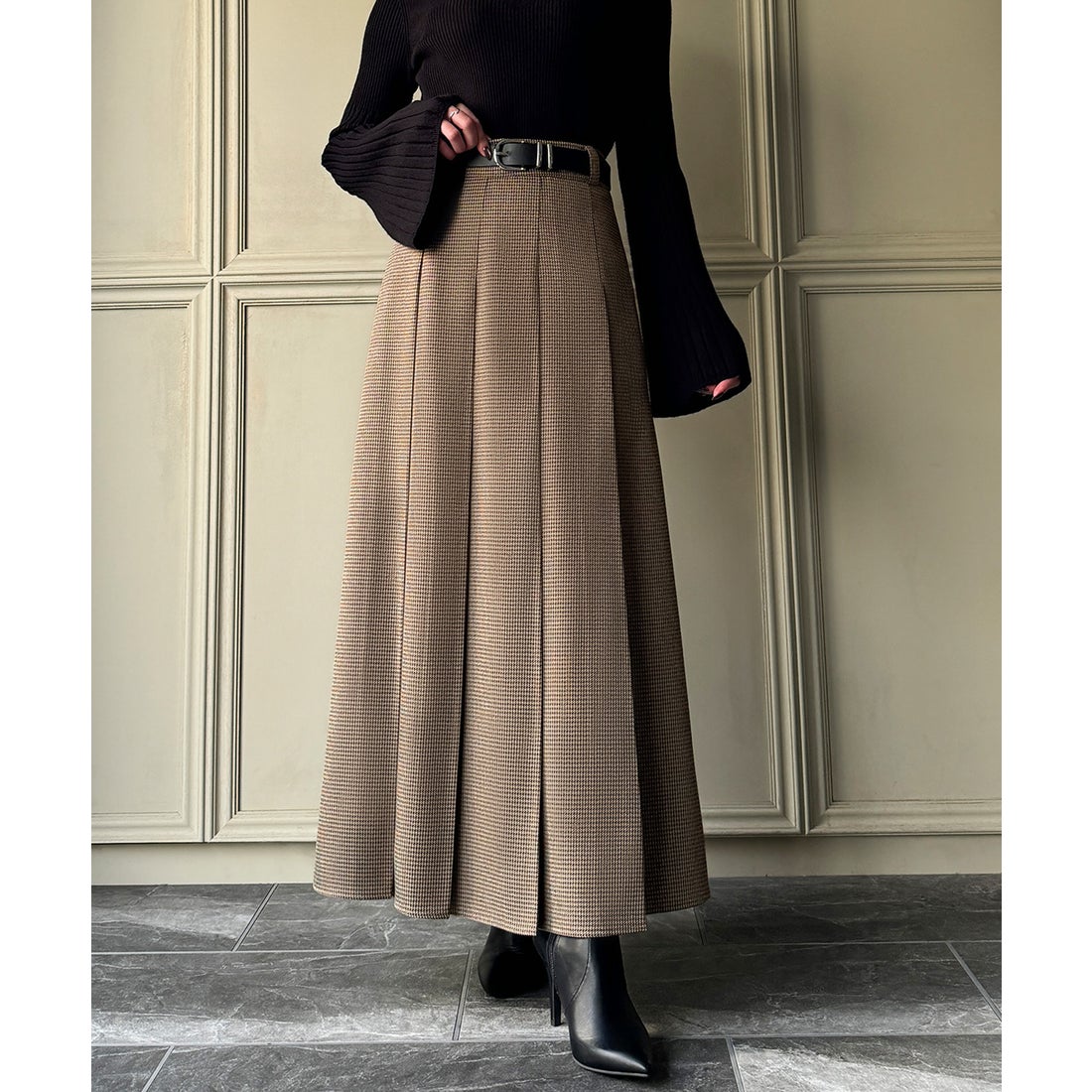 ジュノア JUNOAH 千鳥チェックロングプリーツスカート （ブラウン