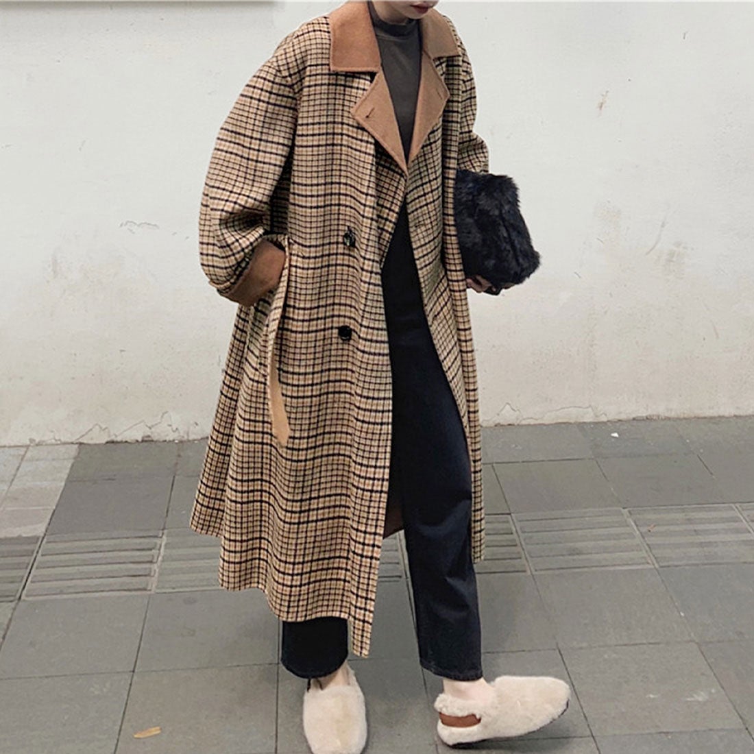 ジュノア JUNOAH スエードカラーチェックロングコート （ブラウン