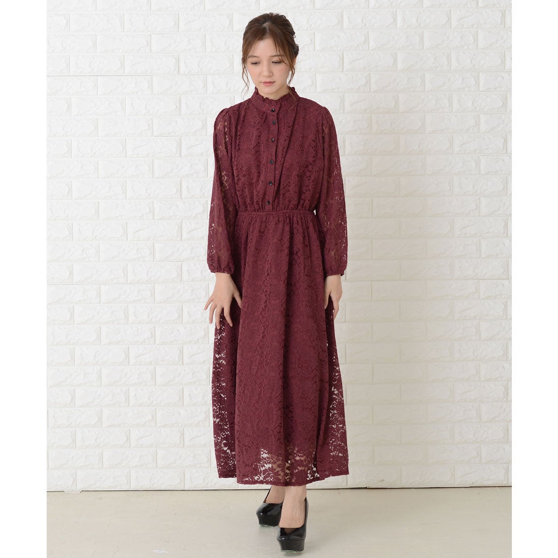 レースレディース Lace Ladies 総レース ウエスト切り替え 長袖ロング