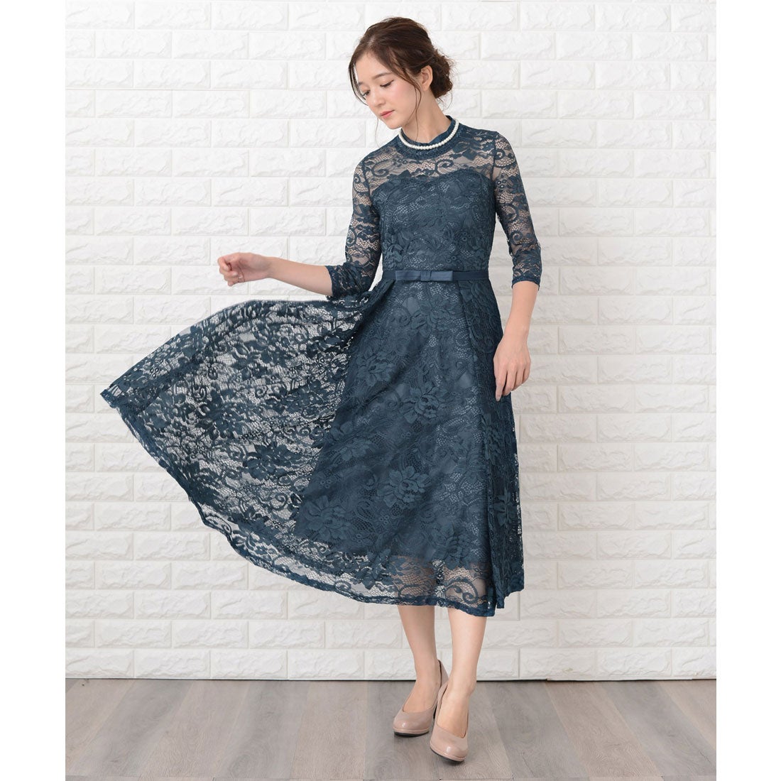 レースレディース Lace Ladies ウエストリボン付きレース袖総レース