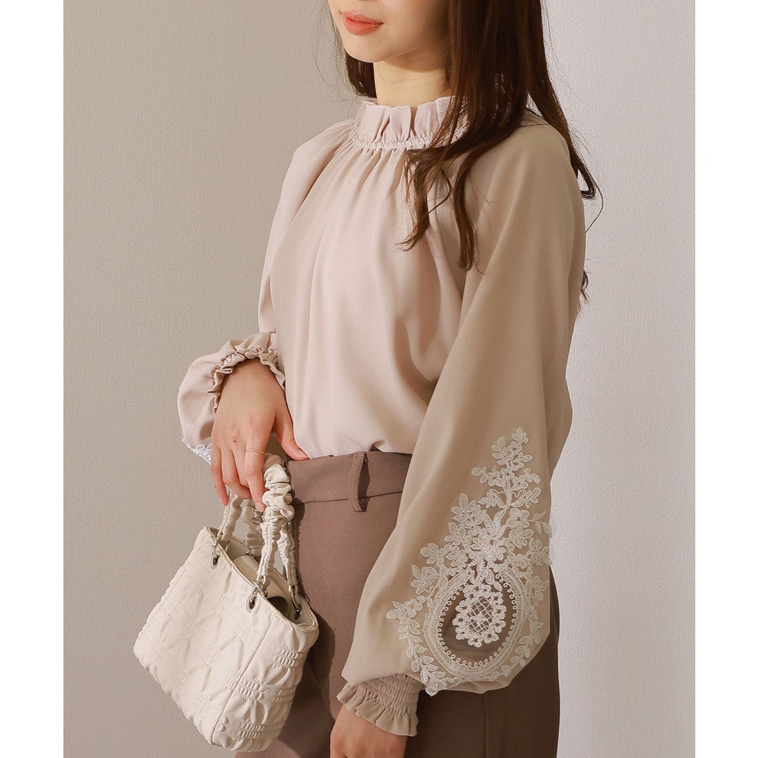 レースレディース Lace Ladies 袖レース スタンドカラー 長袖 ギャザー