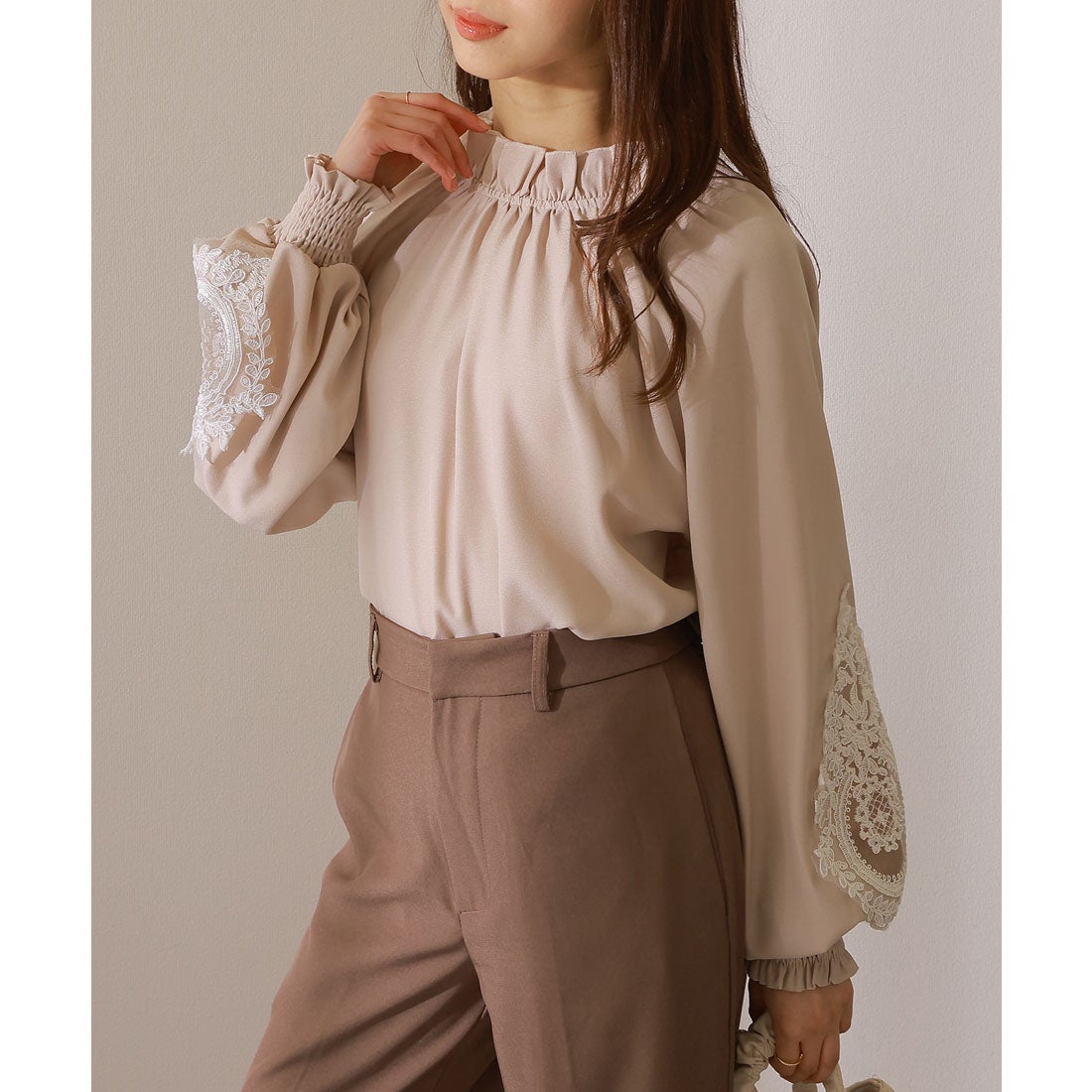 レースレディース Lace Ladies 袖レース スタンドカラー 長袖 ギャザー