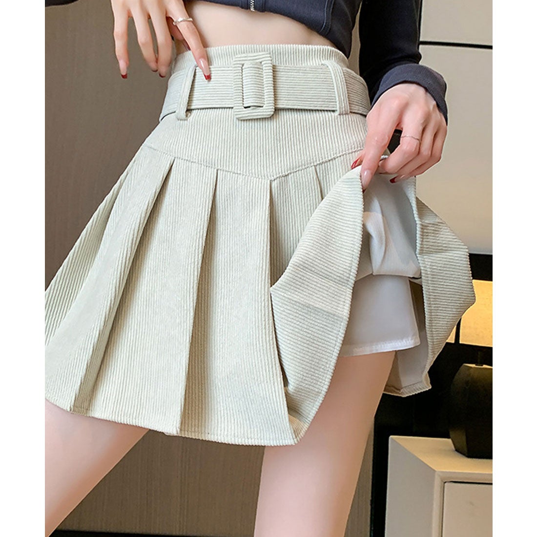 レースレディース Lace Ladies ハイウエスト ベルト付き プリーツ ミニ