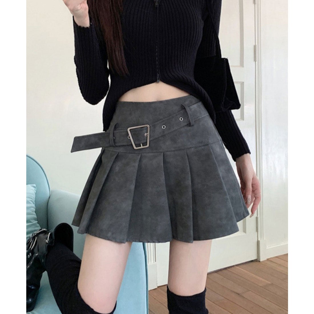 レースレディース Lace Ladies レザー調 ベルト付き ボックス プリーツ